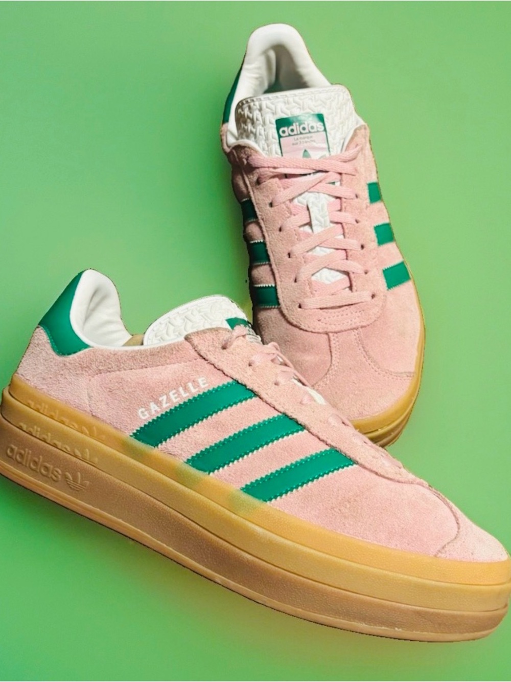 adidas Pink Suede Gazelle Sneakers with Green Stripes